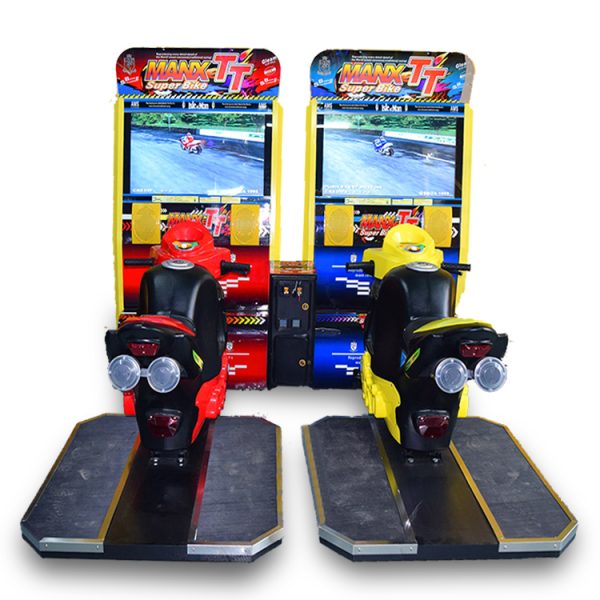 Coin-Operated Racing Motorcycle Arcade Machine with Realistic Controls and Immersive Graphics