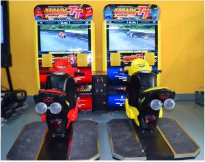 Coin-Operated Racing Motorcycle Arcade Machine with Realistic Controls and Immersive Graphics