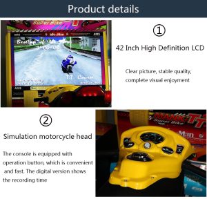Coin-Operated Racing Motorcycle Arcade Machine with Realistic Controls and Immersive Graphics