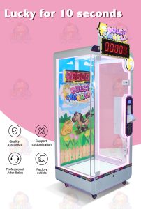 A sleek and modern Lucky 10 Seconds arcade game machine designed for adults. The machine features a digital timer display that counts up in milliseconds, vibrant graphics, and a coin slot for easy operation. Players press a button to stop the timer at exactly 10 seconds to win a prize. Ideal for arcades, amusement parks, and bars.