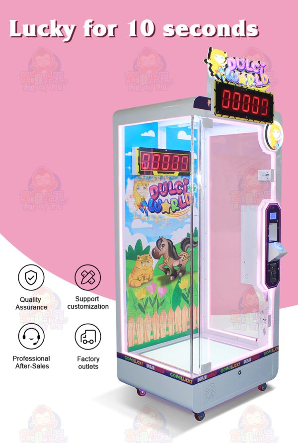 A sleek and modern Lucky 10 Seconds arcade game machine designed for adults. The machine features a digital timer display that counts up in milliseconds, vibrant graphics, and a coin slot for easy operation. Players press a button to stop the timer at exactly 10 seconds to win a prize. Ideal for arcades, amusement parks, and bars.