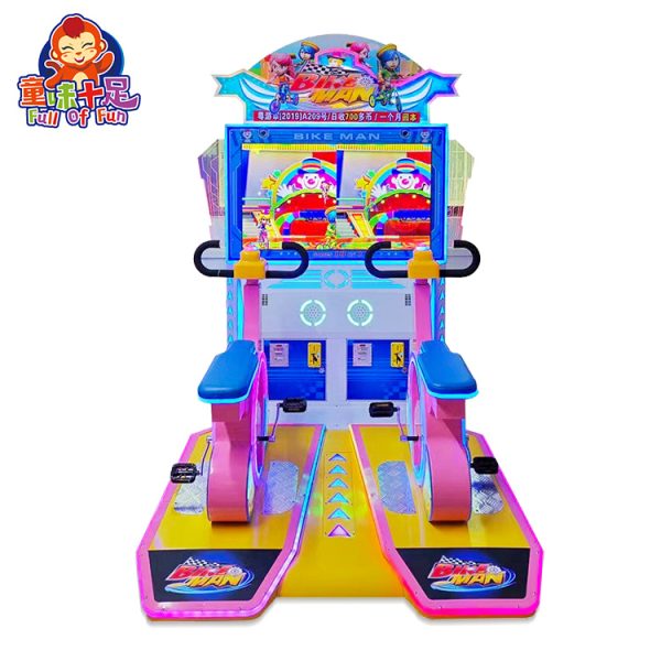 A colorful coin-operated children's bicycle game machine designed to combine exercise with fun. The machine features vibrant graphics, a child-sized stationary bicycle, and an interactive video screen displaying the game. Ideal for arcades, amusement parks, and family entertainment centers, it promotes fitness and entertainment for kids.
