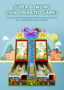 A colorful coin-operated children's bowling arcade game machine designed for kids. The machine features vibrant graphics, a mini bowling lane, and bowling pins, with child-friendly controls. Ideal for arcades, amusement parks, and family entertainment centers, it offers a fun and engaging bowling experience for young players.