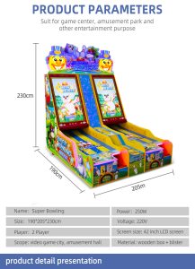 A colorful coin-operated children's bowling arcade game machine designed for kids. The machine features vibrant graphics, a mini bowling lane, and bowling pins, with child-friendly controls. Ideal for arcades, amusement parks, and family entertainment centers, it offers a fun and engaging bowling experience for young players.