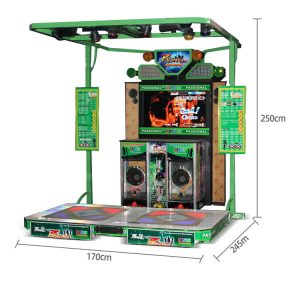 A vibrant and colorful arcade dance machine featuring LED lights, a digital display, and multiple dance pads. Designed for interactive gameplay, players follow on-screen prompts to dance to various songs. Ideal for arcades, amusement parks, and family entertainment centers.