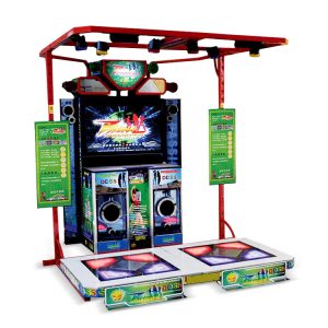 A vibrant and colorful arcade dance machine featuring LED lights, a digital display, and multiple dance pads. Designed for interactive gameplay, players follow on-screen prompts to dance to various songs. Ideal for arcades, amusement parks, and family entertainment centers.