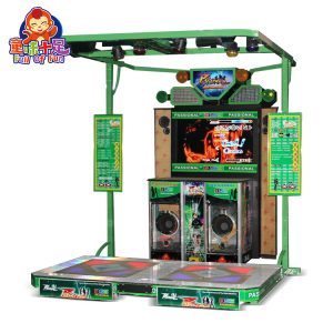 A vibrant and colorful arcade dance machine featuring LED lights, a digital display, and multiple dance pads. Designed for interactive gameplay, players follow on-screen prompts to dance to various songs. Ideal for arcades, amusement parks, and family entertainment centers.