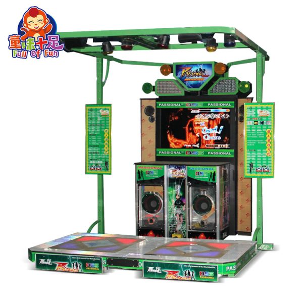 A vibrant and colorful arcade dance machine featuring LED lights, a digital display, and multiple dance pads. Designed for interactive gameplay, players follow on-screen prompts to dance to various songs. Ideal for arcades, amusement parks, and family entertainment centers.