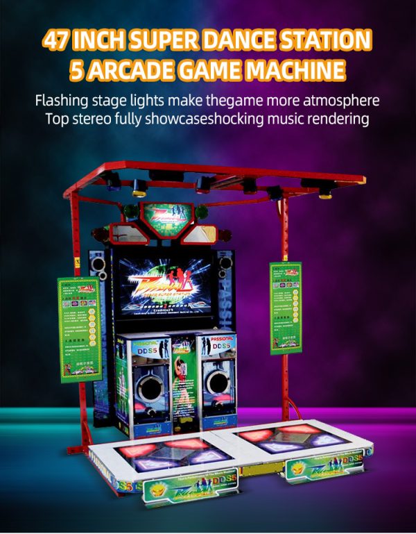 A vibrant and colorful arcade dance machine featuring LED lights, a digital display, and multiple dance pads. Designed for interactive gameplay, players follow on-screen prompts to dance to various songs. Ideal for arcades, amusement parks, and family entertainment centers.