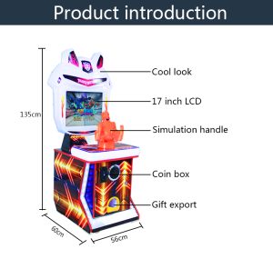A colorful coin-operated children's shooting game machine designed for kids. The machine features vibrant graphics, child-friendly controls, and targets for safe shooting fun. Ideal for arcades, amusement parks, and family entertainment centers, it offers an exciting shooting experience for young players.