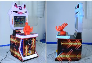 A colorful coin-operated children's shooting game machine designed for kids. The machine features vibrant graphics, child-friendly controls, and targets for safe shooting fun. Ideal for arcades, amusement parks, and family entertainment centers, it offers an exciting shooting experience for young players.