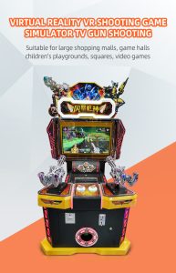 A colorful coin-operated Storm Gunner children's shooting game machine designed for kids. The machine features vibrant graphics, child-friendly controls, and targets for safe shooting fun. Ideal for arcades, amusement parks, and family entertainment centers, it offers an exciting shooting experience for young players.