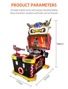A colorful coin-operated Storm Gunner children's shooting game machine designed for kids. The machine features vibrant graphics, child-friendly controls, and targets for safe shooting fun. Ideal for arcades, amusement parks, and family entertainment centers, it offers an exciting shooting experience for young players.