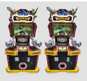 A colorful coin-operated Storm Gunner children's shooting game machine designed for kids. The machine features vibrant graphics, child-friendly controls, and targets for safe shooting fun. Ideal for arcades, amusement parks, and family entertainment centers, it offers an exciting shooting experience for young players.