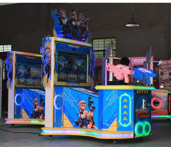 A colorful coin-operated children's shooting game machine designed for young players. The machine features vibrant graphics, child-friendly controls, and interactive targets for safe shooting fun. Ideal for arcades, amusement parks, and family entertainment centers, it provides an exciting and engaging shooting experience for kids.
