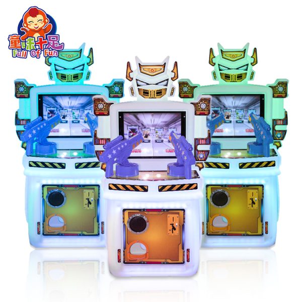 A colorful coin-operated children's two-player shooting game machine designed for kids. The machine features vibrant graphics, dual controls, and interactive targets for safe and competitive shooting fun. Ideal for arcades, amusement parks, and family entertainment centers, it provides an exciting two-player shooting experience for young players.
