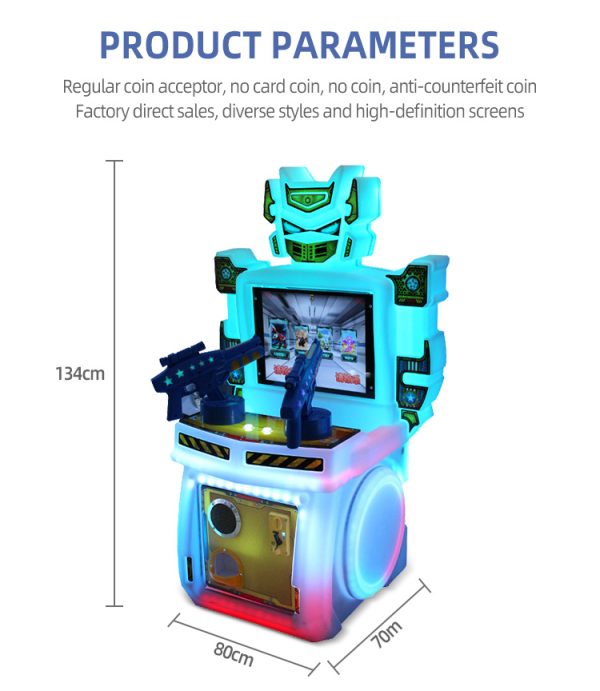 A colorful coin-operated children's two-player shooting game machine designed for kids. The machine features vibrant graphics, dual controls, and interactive targets for safe and competitive shooting fun. Ideal for arcades, amusement parks, and family entertainment centers, it provides an exciting two-player shooting experience for young players.