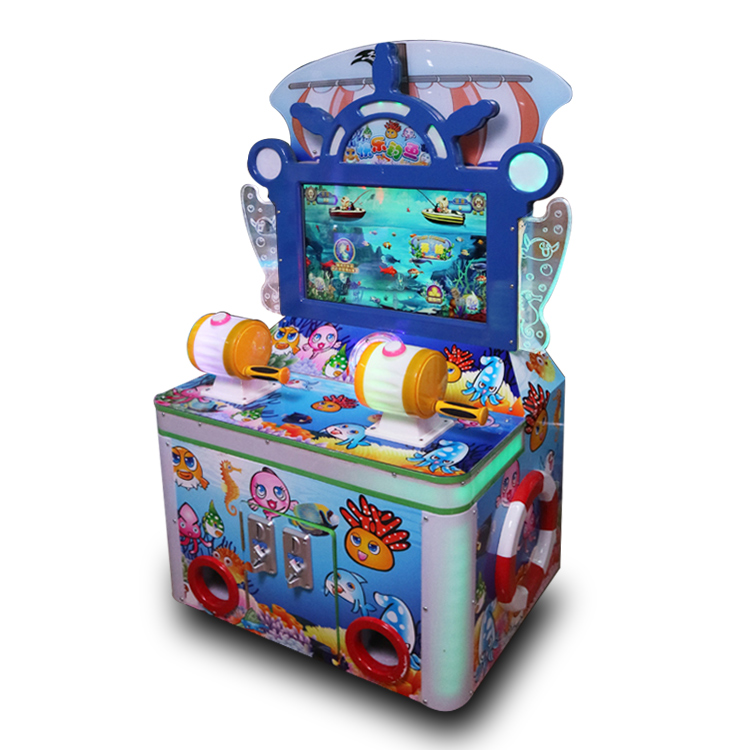 A colorful coin-operated children's two-player fishing game machine shaped like a castle. The machine features vibrant graphics, dual controls, and interactive fishing gameplay. Ideal for arcades, amusement parks, and family entertainment centers, it offers a magical and engaging fishing experience for young players.