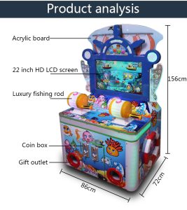 A colorful coin-operated children's two-player fishing game machine shaped like a castle. The machine features vibrant graphics, dual controls, and interactive fishing gameplay. Ideal for arcades, amusement parks, and family entertainment centers, it offers a magical and engaging fishing experience for young players.