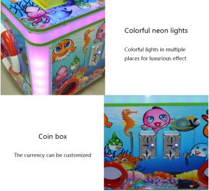 A colorful coin-operated children's two-player fishing game machine shaped like a castle. The machine features vibrant graphics, dual controls, and interactive fishing gameplay. Ideal for arcades, amusement parks, and family entertainment centers, it offers a magical and engaging fishing experience for young players.