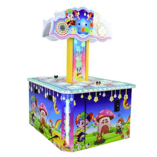 A colorful coin-operated Children's Two-Player Whack-a-Mole Game designed for kids. The machine features vibrant graphics, a user-friendly interface, and interactive whack-a-mole gameplay. Ideal for arcades, family entertainment centers, and playrooms, it offers a fun and engaging experience for two young players.