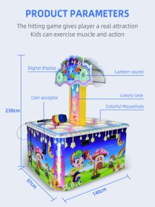A colorful coin-operated Children's Two-Player Whack-a-Mole Game designed for kids. The machine features vibrant graphics, a user-friendly interface, and interactive whack-a-mole gameplay. Ideal for arcades, family entertainment centers, and playrooms, it offers a fun and engaging experience for two young players.