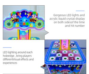 A colorful coin-operated Children's Two-Player Whack-a-Mole Game designed for kids. The machine features vibrant graphics, a user-friendly interface, and interactive whack-a-mole gameplay. Ideal for arcades, family entertainment centers, and playrooms, it offers a fun and engaging experience for two young players.