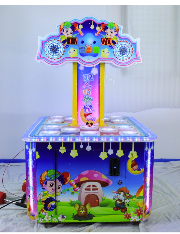 A colorful coin-operated Children's Two-Player Whack-a-Mole Game designed for kids. The machine features vibrant graphics, a user-friendly interface, and interactive whack-a-mole gameplay. Ideal for arcades, family entertainment centers, and playrooms, it offers a fun and engaging experience for two young players.