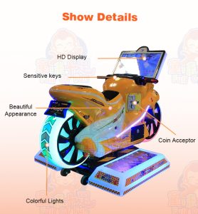 A colorful and engaging coin-operated Children's Motorcycle Racing Game Machine designed for young players. The machine features vibrant graphics and sound effects, offering an immersive racing experience perfect for arcades and family entertainment centers.