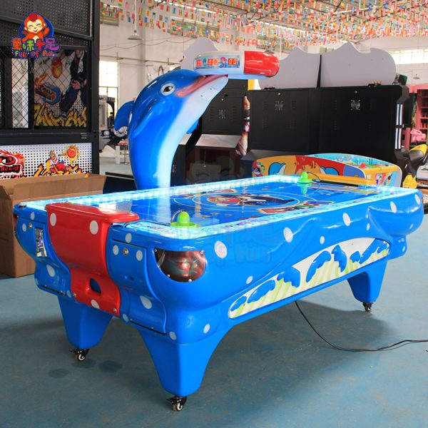 A vibrant Dolphin-Style Air Hockey Game Machine with colorful lights and dolphin-themed design, perfect for arcades and family entertainment centers. Provides exciting gameplay for both kids and adults.