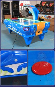 A vibrant Dolphin-Style Air Hockey Game Machine with colorful lights and dolphin-themed design, perfect for arcades and family entertainment centers. Provides exciting gameplay for both kids and adults.