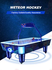 A captivating Shooting Star Air Hockey Game Machine with a meteor-themed design, colorful lights, and fast-paced gameplay, perfect for arcades and entertainment centers. Suitable for both kids and adults.