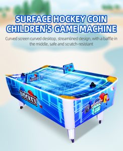 A dynamic Curved Air Hockey Game Machine with a unique curved playing surface, colorful lights, and fast-paced gameplay, perfect for arcades and entertainment centers. Suitable for both kids and adults.