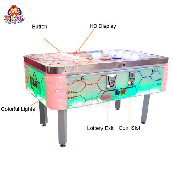 A vibrant and colorful coin-operated Double-Player Hit-the-Beans Game designed for kids. The machine features engaging graphics and a competitive gameplay experience where two players can compete to hit the most beans. Perfect for arcades, family entertainment centers, and playrooms, it offers fun and excitement for young players.