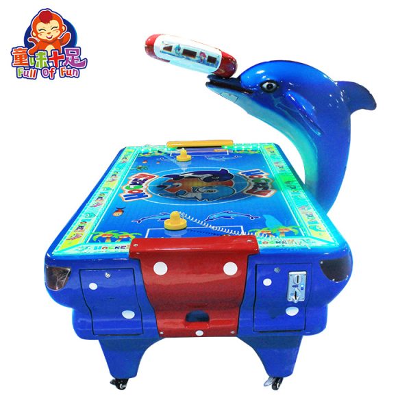 A vibrant Dolphin-Style Air Hockey Game Machine with colorful lights and dolphin-themed design, perfect for arcades and family entertainment centers. Provides exciting gameplay for both kids and adults.