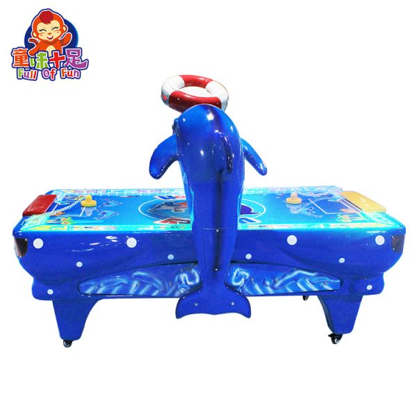 A vibrant Dolphin-Style Air Hockey Game Machine with colorful lights and dolphin-themed design, perfect for arcades and family entertainment centers. Provides exciting gameplay for both kids and adults.