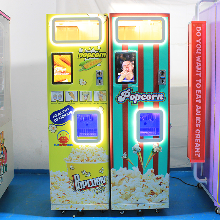 Large commercial popcorn machine in a concession stand, popping fresh popcorn.