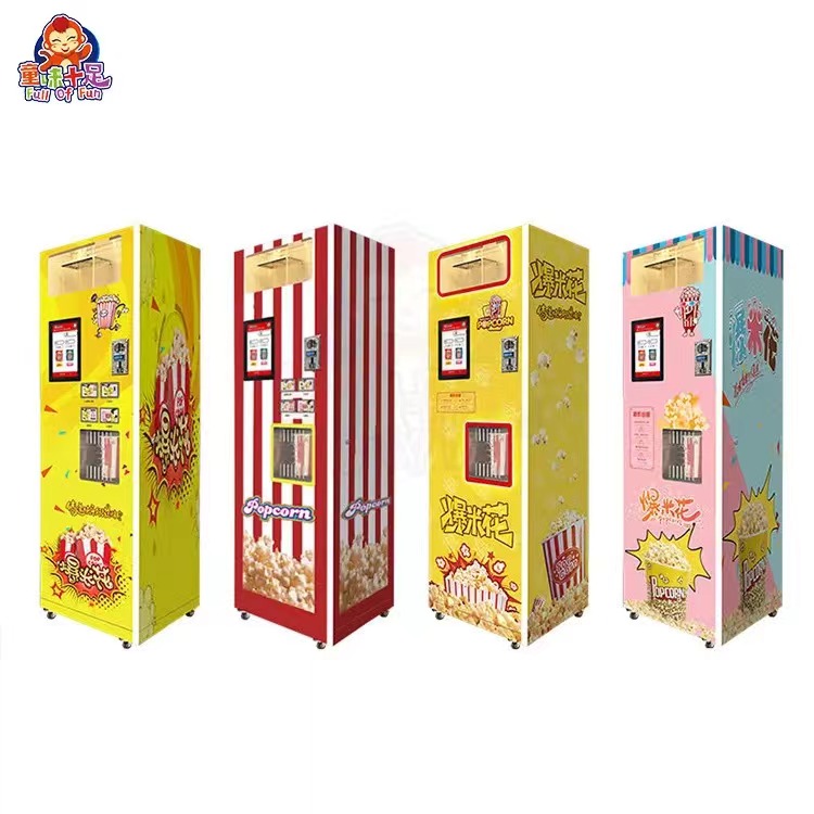 Large commercial popcorn machine in a concession stand, popping fresh popcorn.