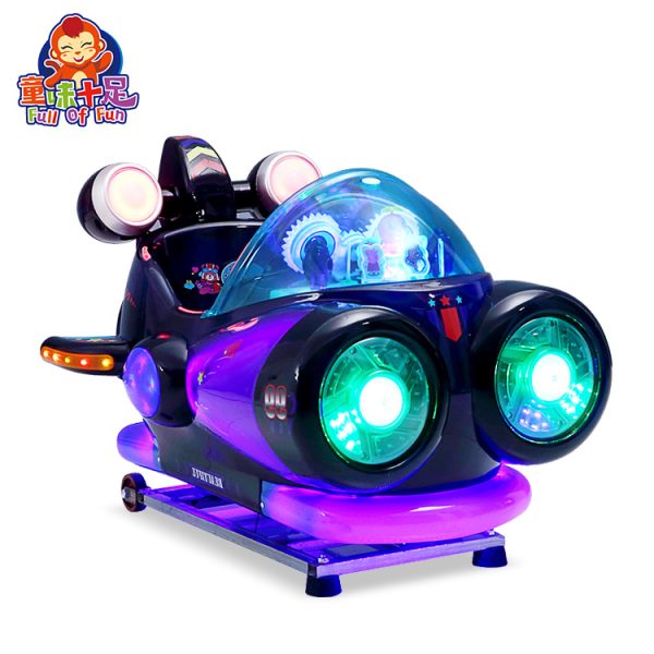 Colorful spaceship-themed kiddie ride designed for children, featuring vibrant lights and sound effects
