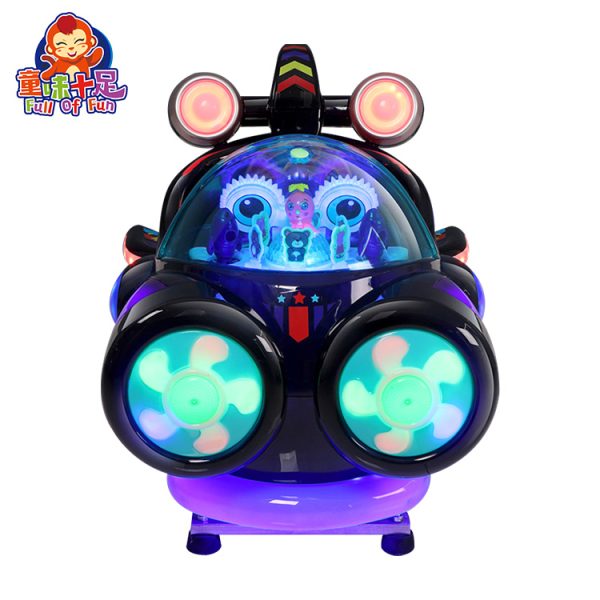 Colorful spaceship-themed kiddie ride designed for children, featuring vibrant lights and sound effects
