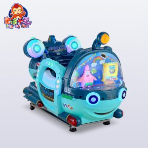 Colorful submarine kiddie ride designed for children, featuring vibrant colors and playful marine-themed graphics.
