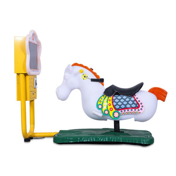 A charming carousel horse kiddie ride designed for children, featuring vibrant colors and a fun, interactive riding experience