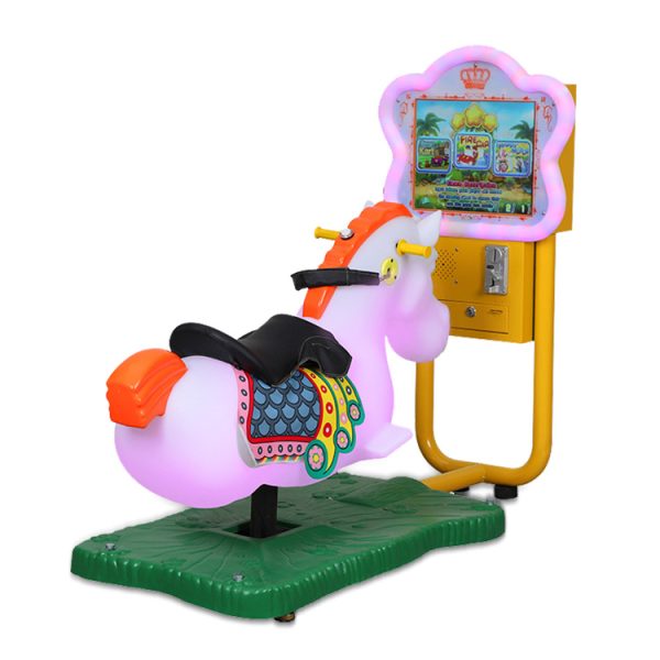 A charming carousel horse kiddie ride designed for children, featuring vibrant colors and a fun, interactive riding experience