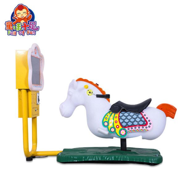 A charming carousel horse kiddie ride designed for children, featuring vibrant colors and a fun, interactive riding experience
