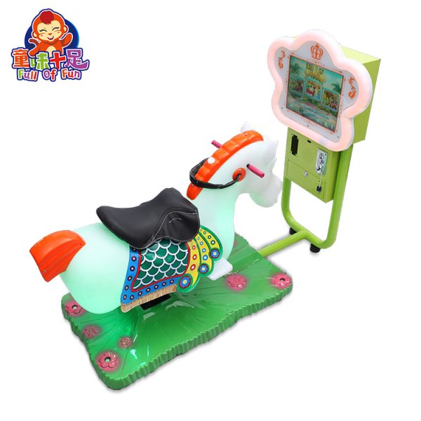 A charming carousel horse kiddie ride designed for children, featuring vibrant colors and a fun, interactive riding experience