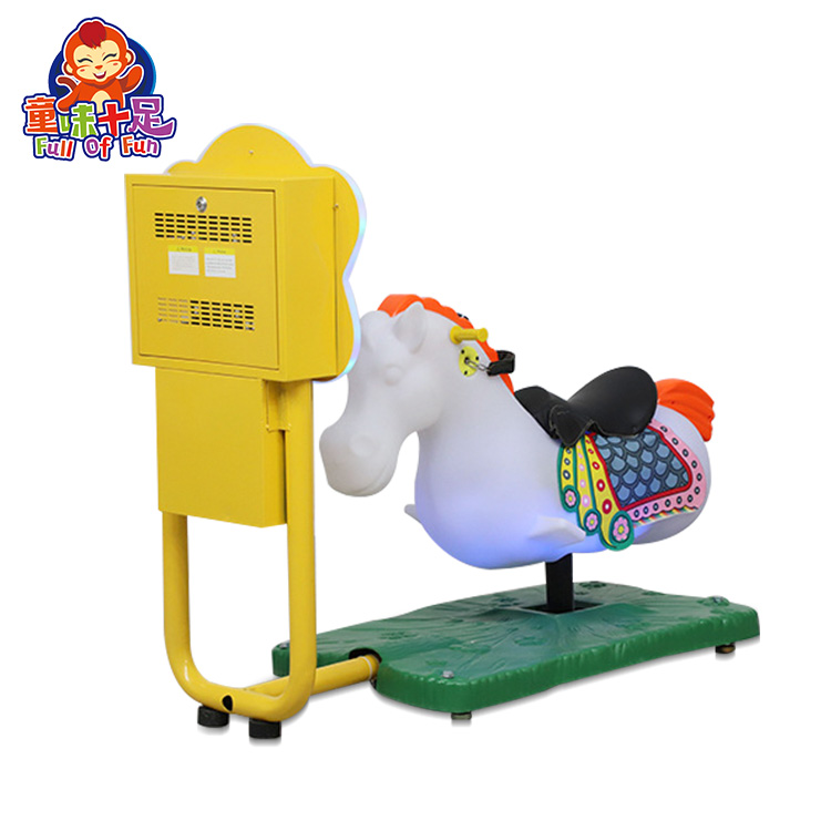 A charming carousel horse kiddie ride designed for children, featuring vibrant colors and a fun, interactive riding experience