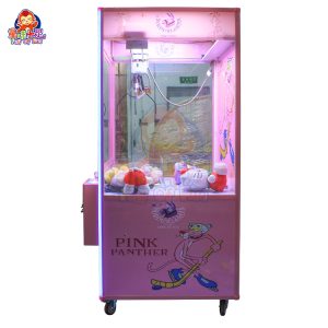 Pink Panther-themed claw machine designed for kids, featuring vibrant colors and playful design elements, perfect for amusement parks and family entertainment centers.