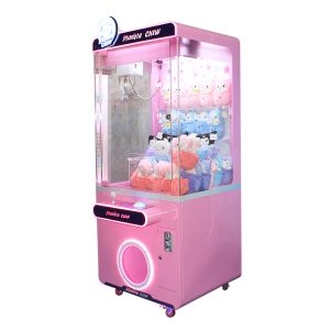 Colorful claw machine filled with plush toys and prizes for children.