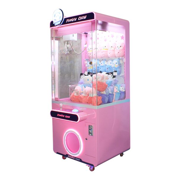 Colorful claw machine filled with plush toys and prizes for children.