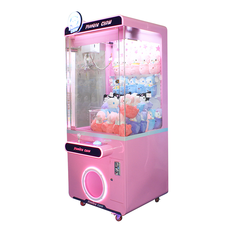 Colorful claw machine filled with plush toys and prizes for children.